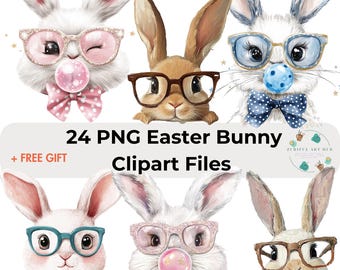 24 Easter Bunny Clipart PNG Files, Cute Rabbit Sublimation Graphics, Watercolor Bunny with Glasses, Digital Download for T-Shirts Mugs Cards
