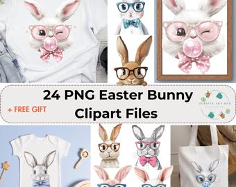 24 Easter Bunny Clipart PNG Files, Cute Rabbit Sublimation Graphics, Watercolor Bunny with Glasses, Digital Download for T-Shirts Mugs Cards