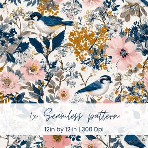 May include: Seamless pattern featuring blue birds, pink flowers, and foliage in shades of navy, gold, and gray on a white background. The pattern is 12 inches by 12 inches.