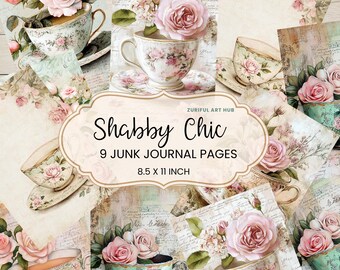 Shabby Chic Junk Journal Digital Paper, Vintage Floral Ephemera Printable, Tea Cup Collage Sheets, DIY Scrapbook Pages, Free Bonus Pages