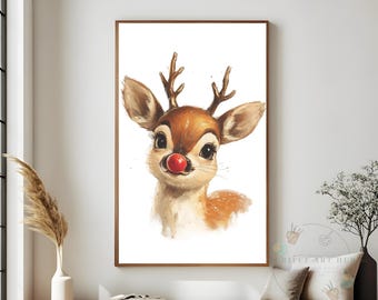 Süße Weihnachten Rentier Wandkunst, digitaler Download Urlaub Dekor, Rentier mit der roten Nase druckbare Kunst, gemütliche Winter-Kinderzimmer-Wand-Dekor