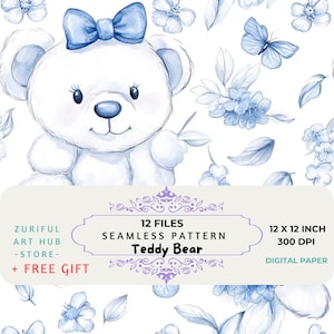 Teddy Bear Chinoiserie Toile de Jouy, Seamless Nursery Background, Digital paper, Digital papers, fabrics, POD & more Instant Download