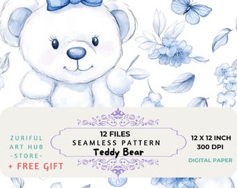 Teddy Bear Chinoiserie Toile de Jouy, Seamless Nursery Background, Digital paper, Digital papers, fabrics, POD & more Instant Download