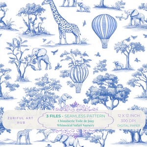 Chinoiseries toile de Jouy, fond de chambre de bébé sans couture, décoration de chambre de bébé Safari vintage, téléchargement numérique, tissus, POD, tissu Safari,