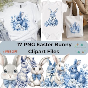 17 Clipart lapin de Pâques PNG, Illustration bleu blanc lapin, téléchargement numérique mignon lapin de printemps, lapin floral noeud papillon, graphisme pour baby shower