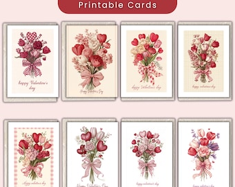 Vintage Valentine Printable Card Set with Floral Bouquets and Romantic Bows – 8 Designs