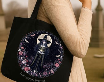 Moon Witch Tote Bag: Gothic Cottagecore Celestial Design