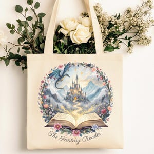 Fantasy Reader Tote Bag | Bookish Castle & Dragon Tote | Whimsical Cottagecore Book Lover Gift | Literary Aesthetic Canvas Bag