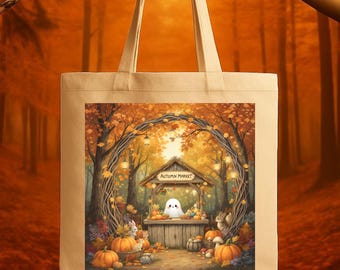 Ghost Autumn Market Tote: Halloween-bondgårdsväska i bomullscanvas