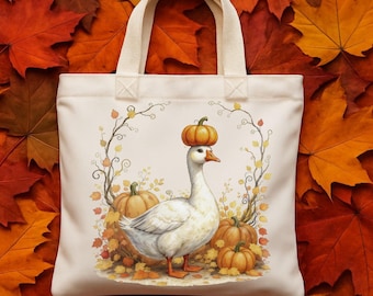 Silly Goose Fall Tote Bag: Pumpkin Hat, Cottagecore Autumn Canvas