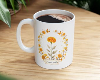Personalized Marigold Birth Flower Mug: October Birthday Gift