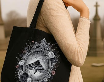 Gothic Moth Tote Bag, Dark Floral Aesthetic Tote, Vintage Frame Moth Bag, Witchy Cottagecore Gift, Gothic Book Lover Tote