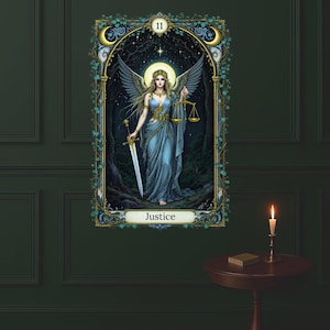 Justice Tarot Card Digital Art Print – Feminine Printable Tarot Wall Art, Mystical Poster, Boho Witchy Room Decor, Instant Download
