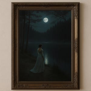 Lady at the Lake Art Print | Moody Vintage Woman Wall Art | Gothic Lake Moonlight Poster | Dark Romantic Cottagecore Home Decor