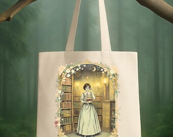 May include: Beige tote bag featuring an illustration of a librarian holding books in a library setting. The image includes a woman in a long dress, surrounded by bookshelves, with the text "The Librarian" on a banner below.