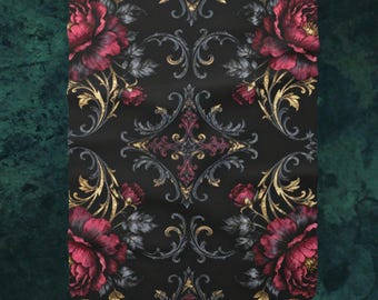 Gothic Sherpa Fleece Blanket, Dark Romantic Roses Throw, Baroque Burgundy & Gold Floral Blanket, Victorian Gothic Bedding