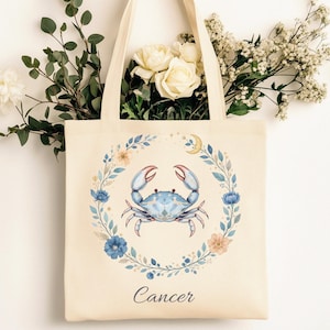 Cancer Zodiac Tote Bag,  Personalized Astrology Gift, Celestial Cancer Crab Floral Canvas Bag, Cancer Birthday Gift for Her