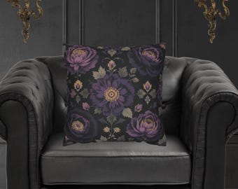 Deep Purple Floral Pillow Cover – Moody Gothic Throw Pillow | Dark Academia Home Decor | Cottagecore Accent Cushion