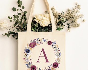 Personalized Floral Monogram Tote Bag: Custom Initial Canvas Gift
