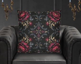 Sierkussenhoes met gotische bloemen, donker romantisch interieur, kussen barok bordeaux en gouden rozen, accentkussen in Victoriaanse stijl
