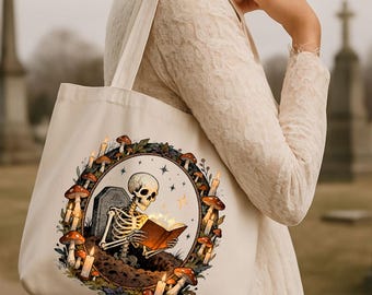 Skeleton Reading Tote Bag,  Gothic Bookish Tote with Mushrooms, Candles and Vines,  Spooky Halloween Witchy Gift Bag