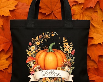 Personalized Autumn Pumpkin Tote Bag: Fall Floral Mushroom Canvas