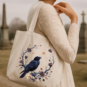 Gothic Crow Tote Bag – Dark Cottagecore Canvas Tote, Moody Floral Forest, Witchy Bookish Gift