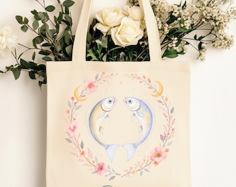 Pisces Zodiac Tote Bag: Personalized Celestial Floral Canvas