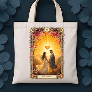 The Lovers Tarot Tote, Whimsical Romantic Canvas Bag, Celestial Witchcore Gift, Soulmate Tarot Art, Major Arcana Tote, Cottagecore Bag
