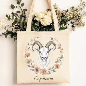 Capricorn Zodiac Tote Bag, Personalized Astrology Gift, Celestial Capricorn Goat Floral Canvas Bag, Capricorn Birthday Gift for Her