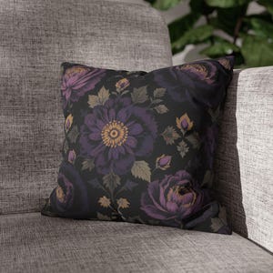 Deep Purple Floral Pillow Cover, Moody Gothic Throw Pillow, Dark Academia Cushion, Black Rose Pillow, Cottagecore Gothic Home Decor
