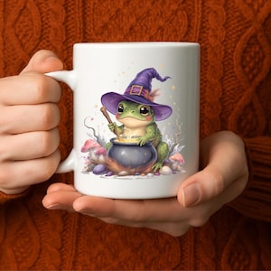 Tazza a forma di rana stregata, tazza di Halloween con calderone e rana carina, tazza da caffè a forma di strega Cottagecore, regalo per la stagione spettrale, tazza a forma di rana autunnale