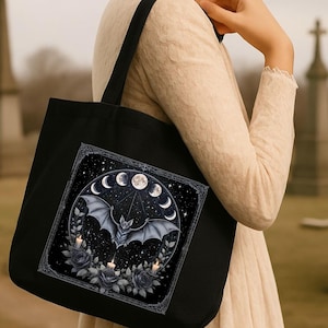 Gothic Bat Tote Bag – Moon Phases, Candles & Black Florals – Dark Cottagecore Aesthetic for Witchy Readers