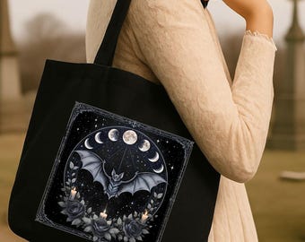 Gothic Bat Tote Bag: Moon Phases, Candles & Black Florals - Dark Cottagecore Canvas