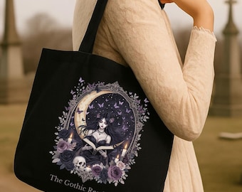 Gothic Reader Tote Bag: Dark Academia Bookworm Canvas Bag