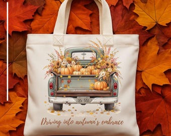 Borsa tote vintage autunnale da camion: tela con zucca e fiori, mercato autunnale rustico