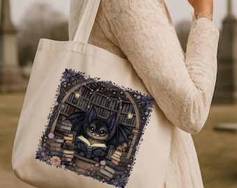 Bat Book Tote Bag: Gothic Halloween Reading Bag, Dark Florals