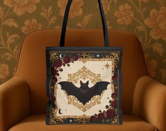 Gothic Bat Tote Bag Dark Floral Roses Tote Witchy Aesthetic Bag Spooky Bat Gift for Gothic Cottagecore Lovers