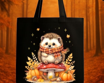 Autumn Hedgehog Tote Bag: Cottagecore Fall Florals Canvas Bag