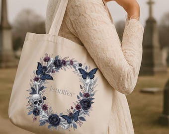 Personalized Dark Floral Wreath Tote Bag: Gothic Skull & Butterfly Canvas