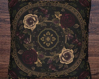 Gothic Baroque Floral Pillow Cover, Dark Romantic Rose Throw Pillowcase, Vintage Victorian Decor, Moody Cottagecore Cushion Cover