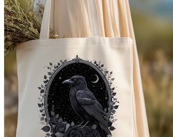 Bolso tote floral Black Crow & Black Rose, bolso tote de lona con arte gótico de aves