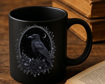 Gothic Crow Mug, Black Rose Ceramic Cup, Dark Floral Coffee Mug, Witchy Gothic Gift, Crow and Roses Tea Cup for Book Lovers