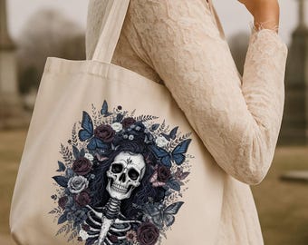 Gothic Skeleton Tote Bag: Dark Floral Butterfly Canvas Book Bag