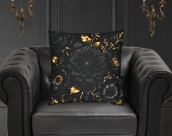 Black Floral Pillow Cover, Gothic Dahlia & Rose Cushion with Gold Accents, Dark Cottagecore Home Decor, Gothic Bedroom Aesthetic