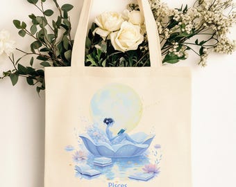 Pisces Zodiac Tote Bag: Dreamy Bookworm, Celestial Canvas