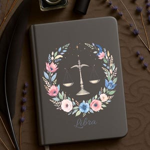 Journal du zodiaque Balance, carnet de notes couronne de fleurs célestes, cadeau d&#39;anniversaire Balance, journal esthétique signe du zodiaque, papeterie personnalisée du zodiaque