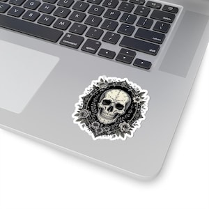 Skull Sticker Gothic Dark Roses, Monochrome Ornate Frame Kiss Cut Sticker, Gothic Aesthetic Laptop Sticker,  Creepy Cute Witchy Decor