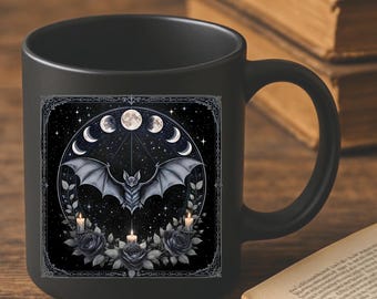 Witchy Bat Moon Phases Mug: Gothic Floral Ceramic Coffee Cup