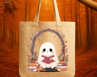 Bookish Ghost Tote Bag,  Cute Ghost Reading Books Canvas Tote,  Spooky Book Lover Gift, Witchy Autumn Cottagecore Bag